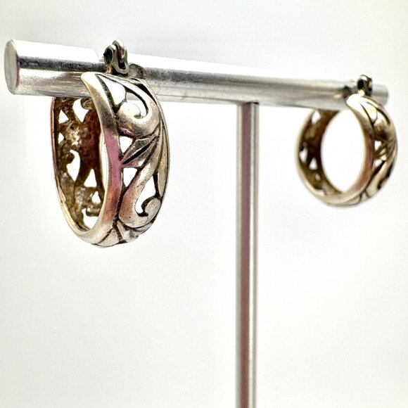 VTG Sterling Silver 925 Scroll Design Hoop Earrings Size 0.75" Diameter - Picture 1 of 11